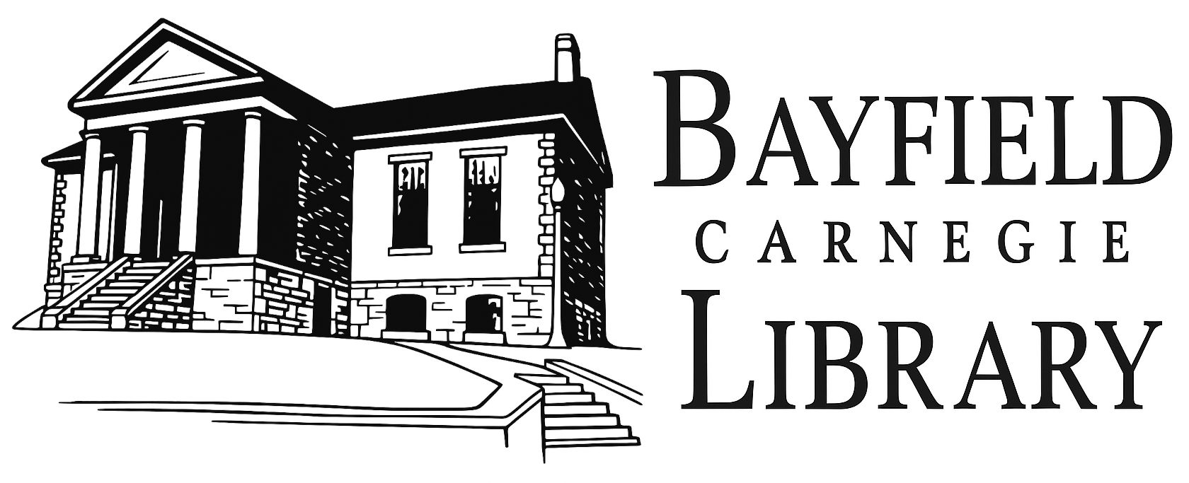 Illustration of the Bayfield Carnegie Library with classical columns and surrounding text.