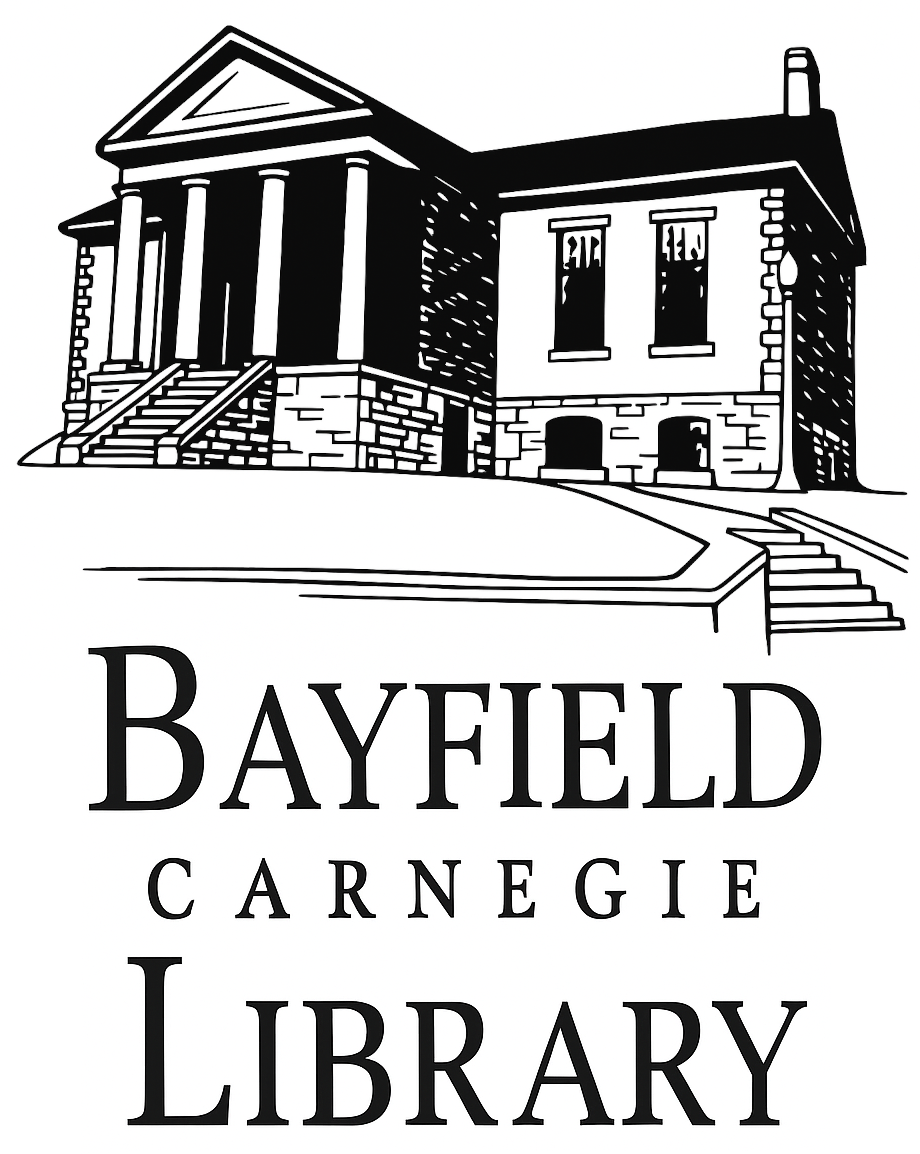 Illustration of the Bayfield Carnegie Library Building with its classical columns and the text Bayfield Carnegie Library below it.