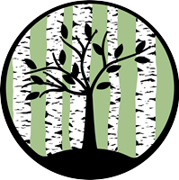 Circular logo with a black tree and birch tree background.