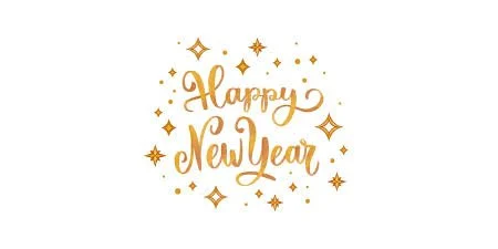 "Happy New Year" in gold cursive surrounded by gold stars and sparkles on a white background.