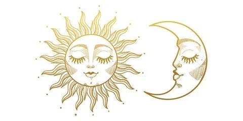 Artistic gold-toned sun and crescent moon with faces.