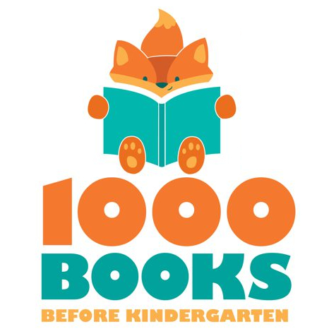 Illustration of an orange fox with a teal book and text reading "1000 Books Before Kindergarten."