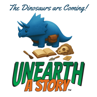 A cartoon blue triceratops with tools, fossil, book, and text "Unearth a Story."