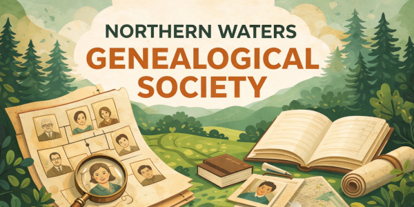 Illustration of a genealogy scene with family tree, books, magnifying glass, and a forest background.