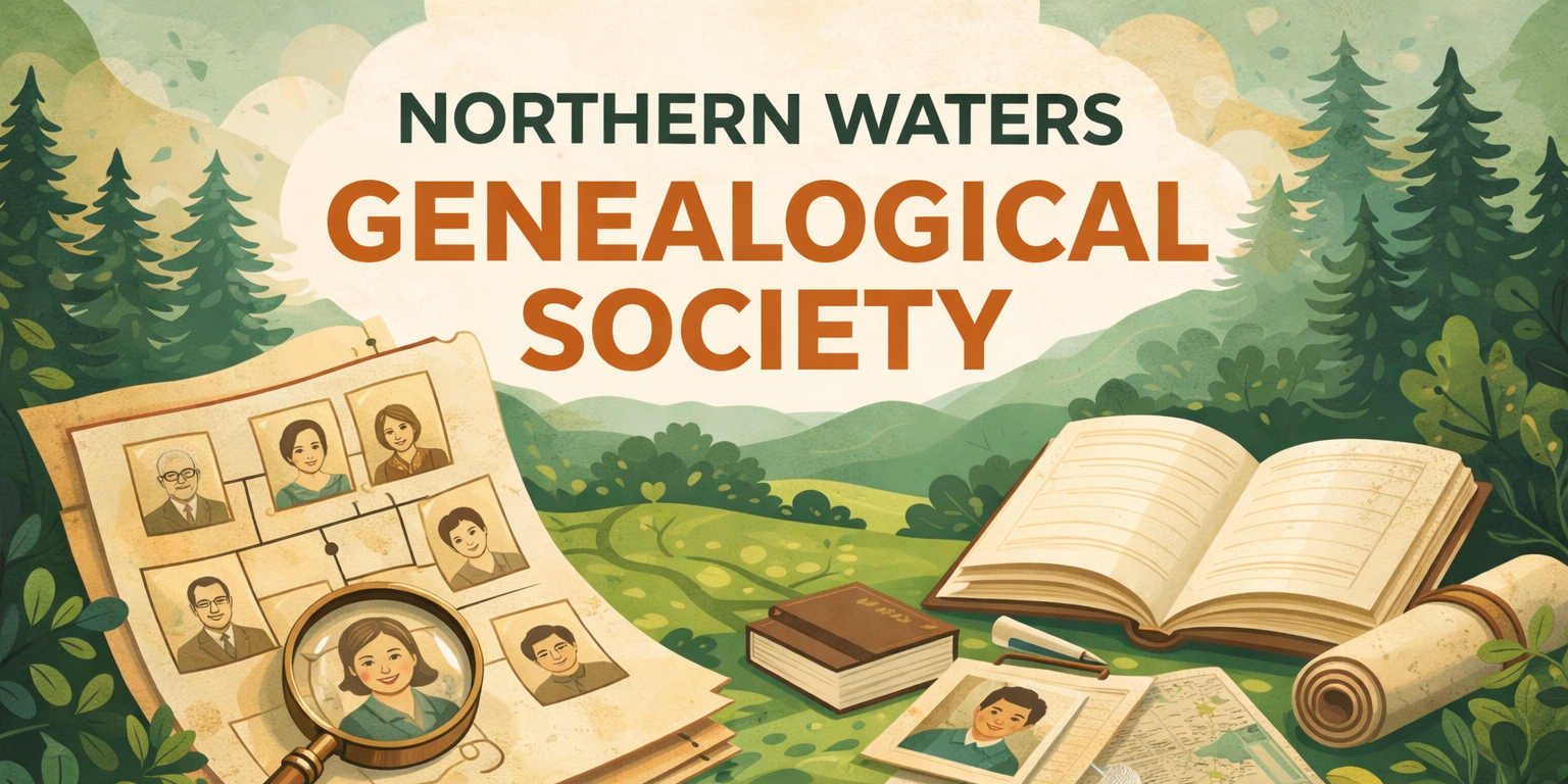 Illustration of a genealogy scene with family tree, books, magnifying glass, and a forest background.