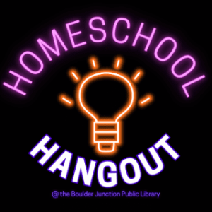 Neon-themed graphic with 'Homeschool Hangout' and a lightbulb icon.