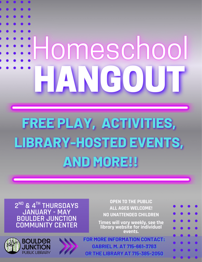 Promotional poster for a "Homeschool Hangout" with event details and contact information which is present in the text of the event details below.