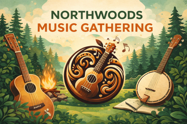 A music-themed illustration with guitars, a banjo, and a campfire in a forest setting, titled "NORTHWOODS MUSIC GATHERING."