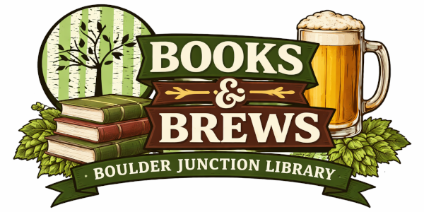 Logo for Books & Brews at Boulder Junction Library with books, a tree, a beer mug, and hop leaves.