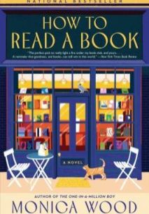 Book cover featuring a bookstore with title "HOW TO READ A BOOK" by Monica Wood.