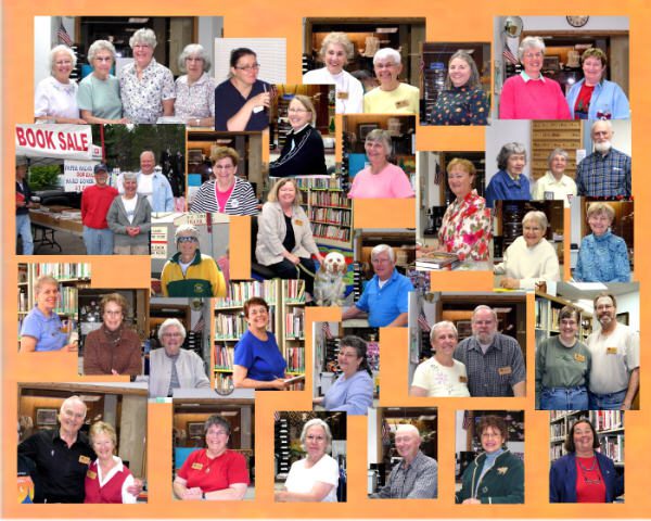 Collage of people in a library setting, set against an orange background.